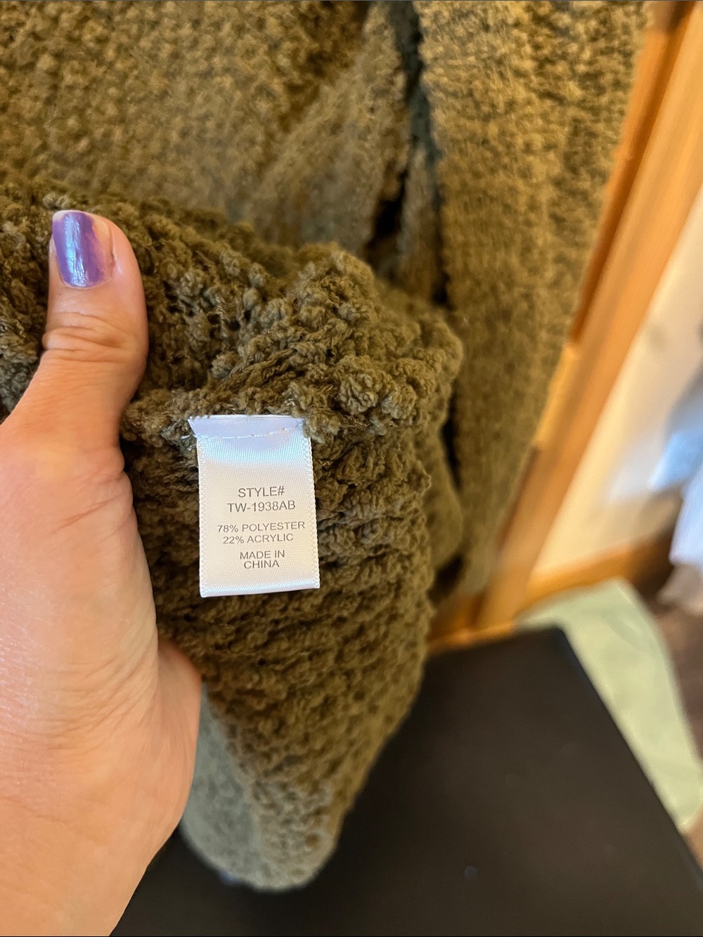 Zenana Outfitters Olive Green Plush Sherpa Open-Front Cardigan - Picture 3 of 10